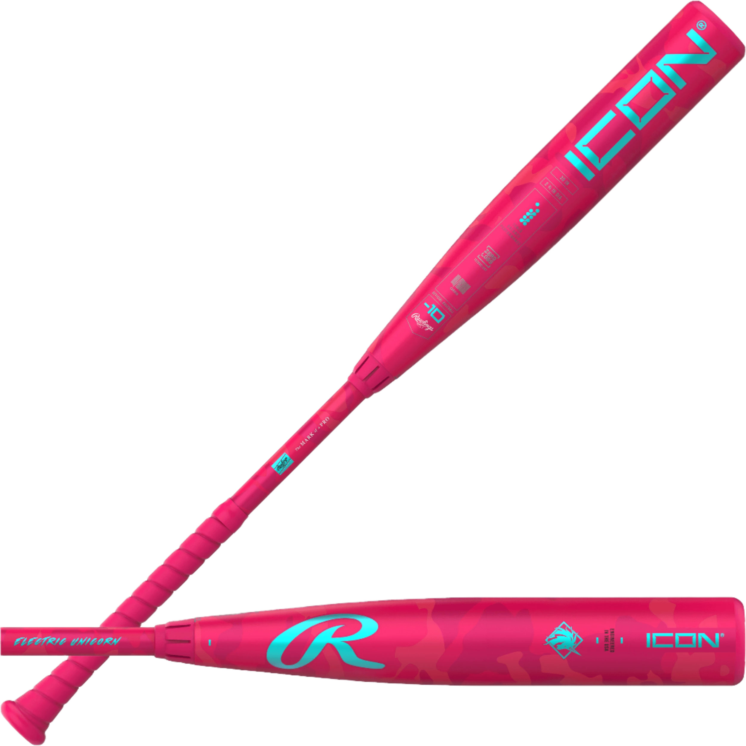 Front and back view of Rawlings Icon Electric Unicorn Bat displaying vibrant pink/blue design.