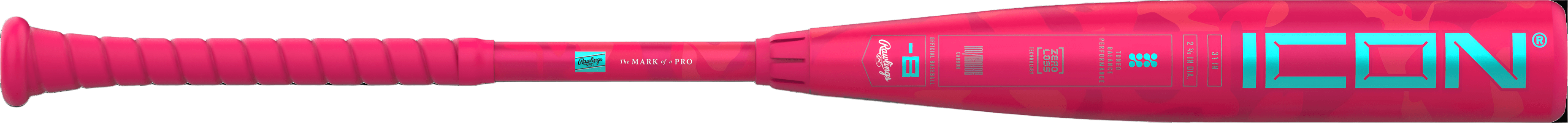 Vertical angle front view highlights striking pink of Rawlings Icon Electric Unicorn Bat.
