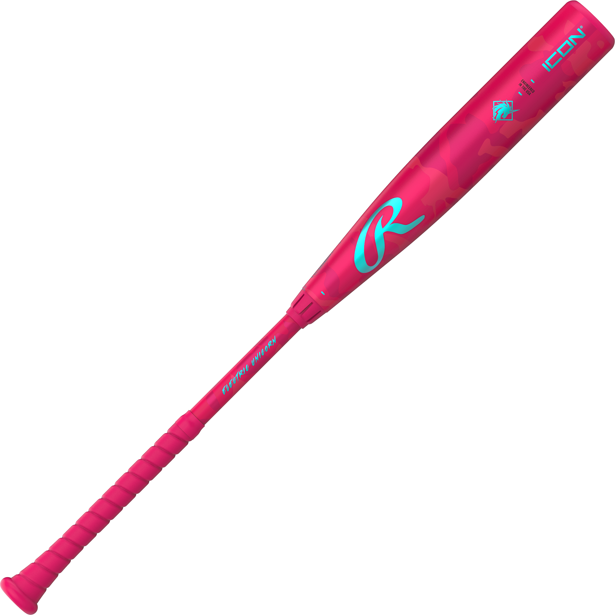 Vibrant blue design on back view of Rawlings Icon Electric Unicorn Bat.