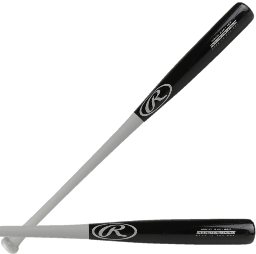 Rawlings Player Preferred 318 Ash wood bat in black and grey, showcasing its lightweight design and pro-style look.