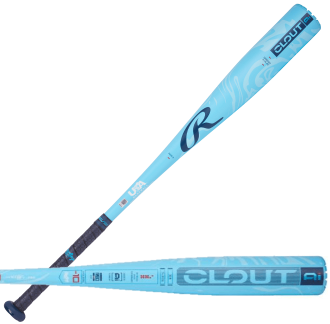 Rawlings Clout 2025 -10 USA baseball bat featuring AI-assisted barrel design in vibrant blue color.