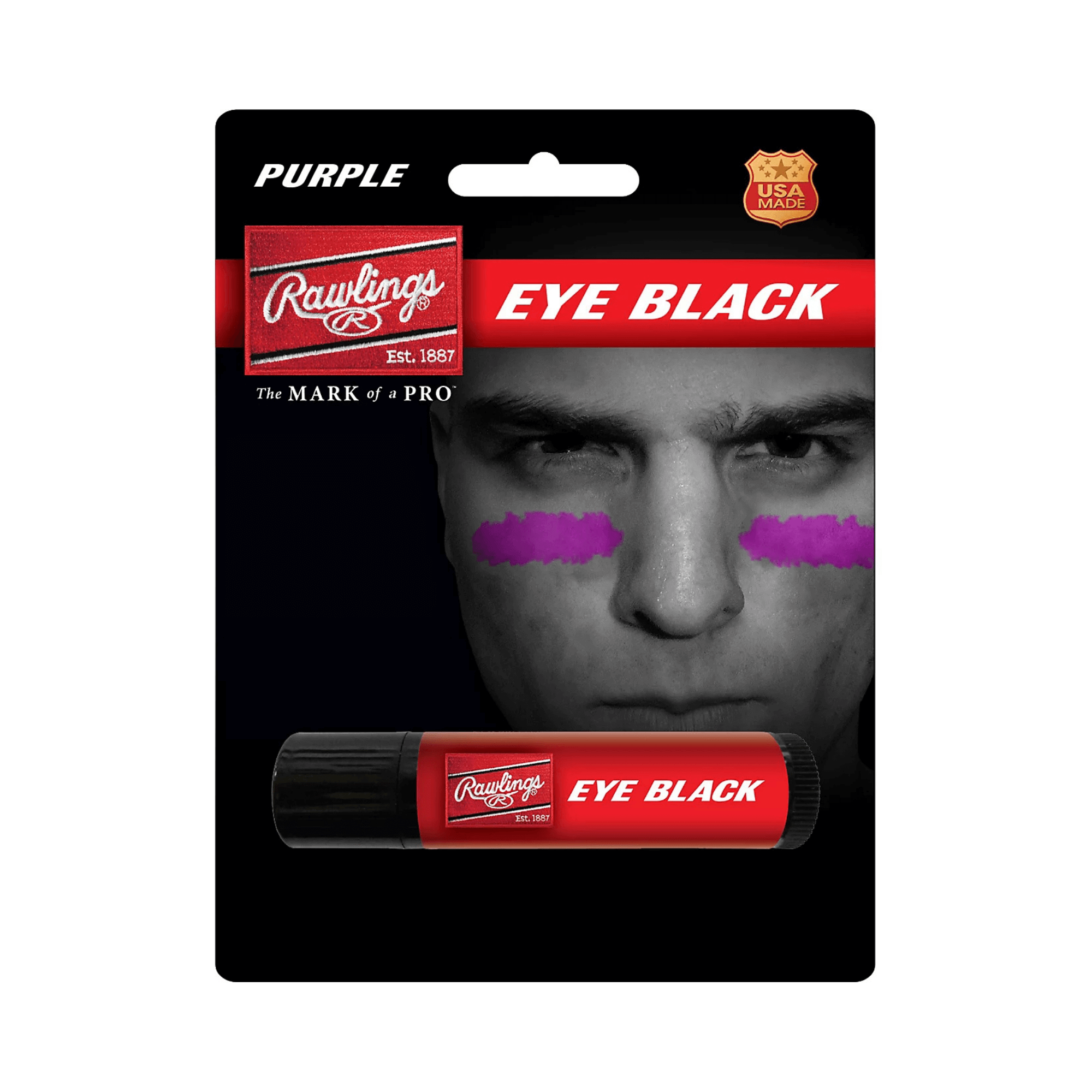 Rawlings Eye Black Stick in purple packaging, designed to reduce glare from sunlight and stadium lights. Non-messy and easy to remove.