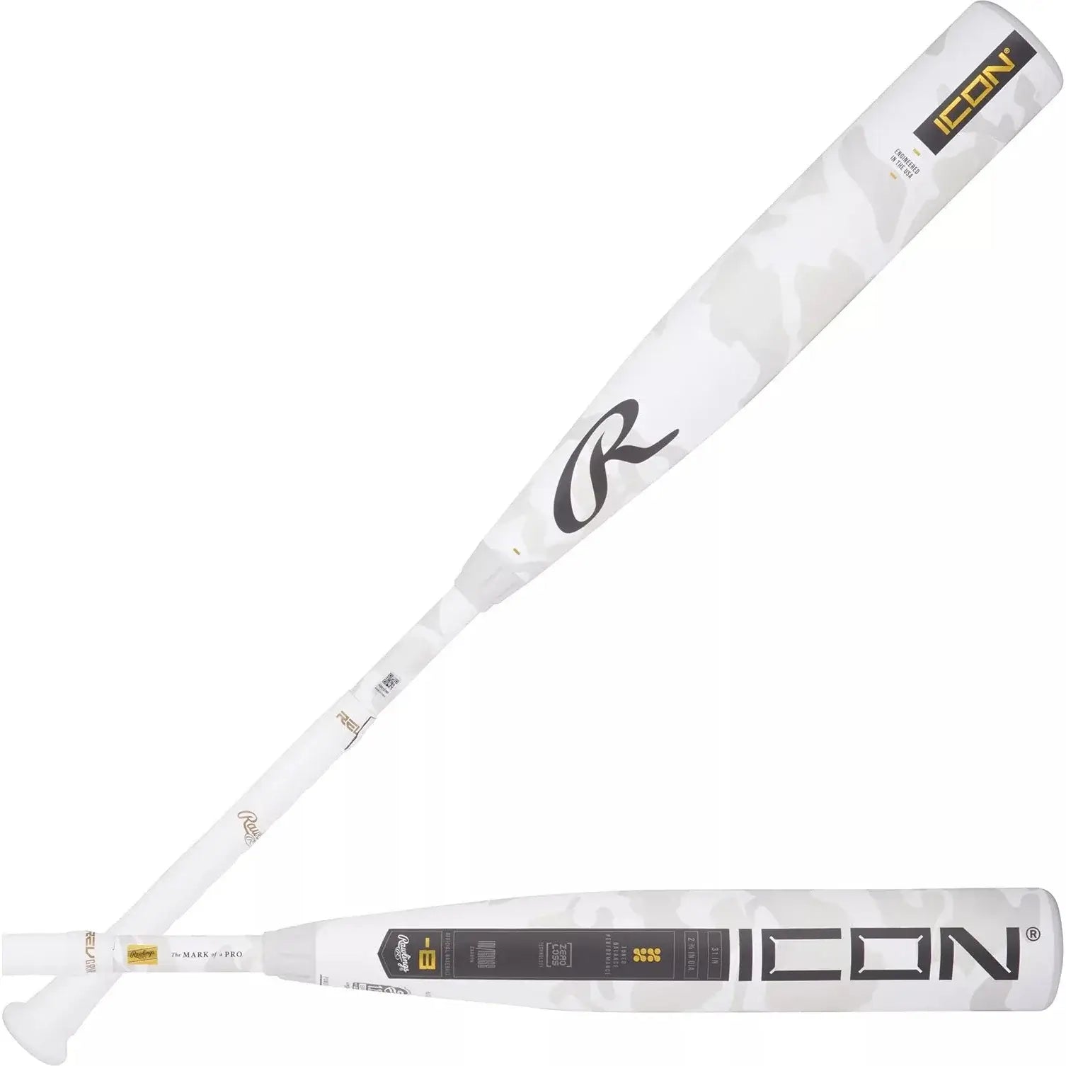 2025 Rawlings Icon USSSA Youth Baseball Bat -8 with white camo pattern