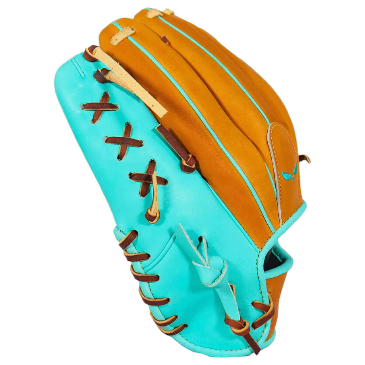  Side angle of Shadow 20 Sandstorm glove showing deep pocket and middle finger pad for optimal ball grip and intimidation.