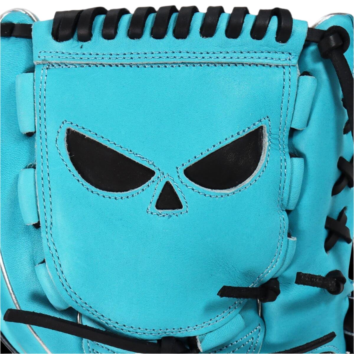 Shadow 3 Shiver 12" RHT glove close-up featuring a striking turquoise design and intimidating skull logo.