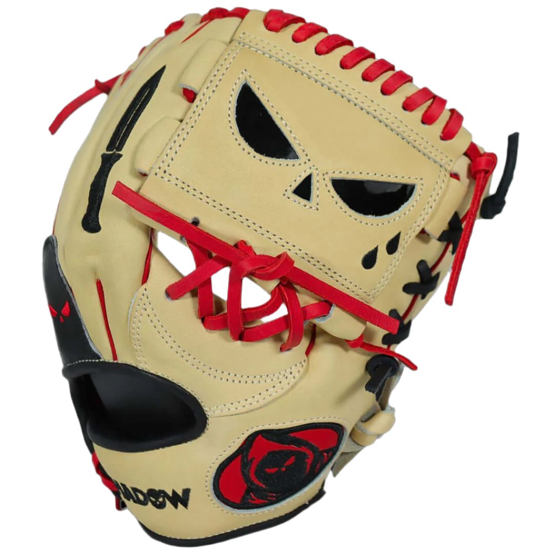 Shadow 17 Shank 11.75" infield glove featuring unique design in blonde leather with red accents.