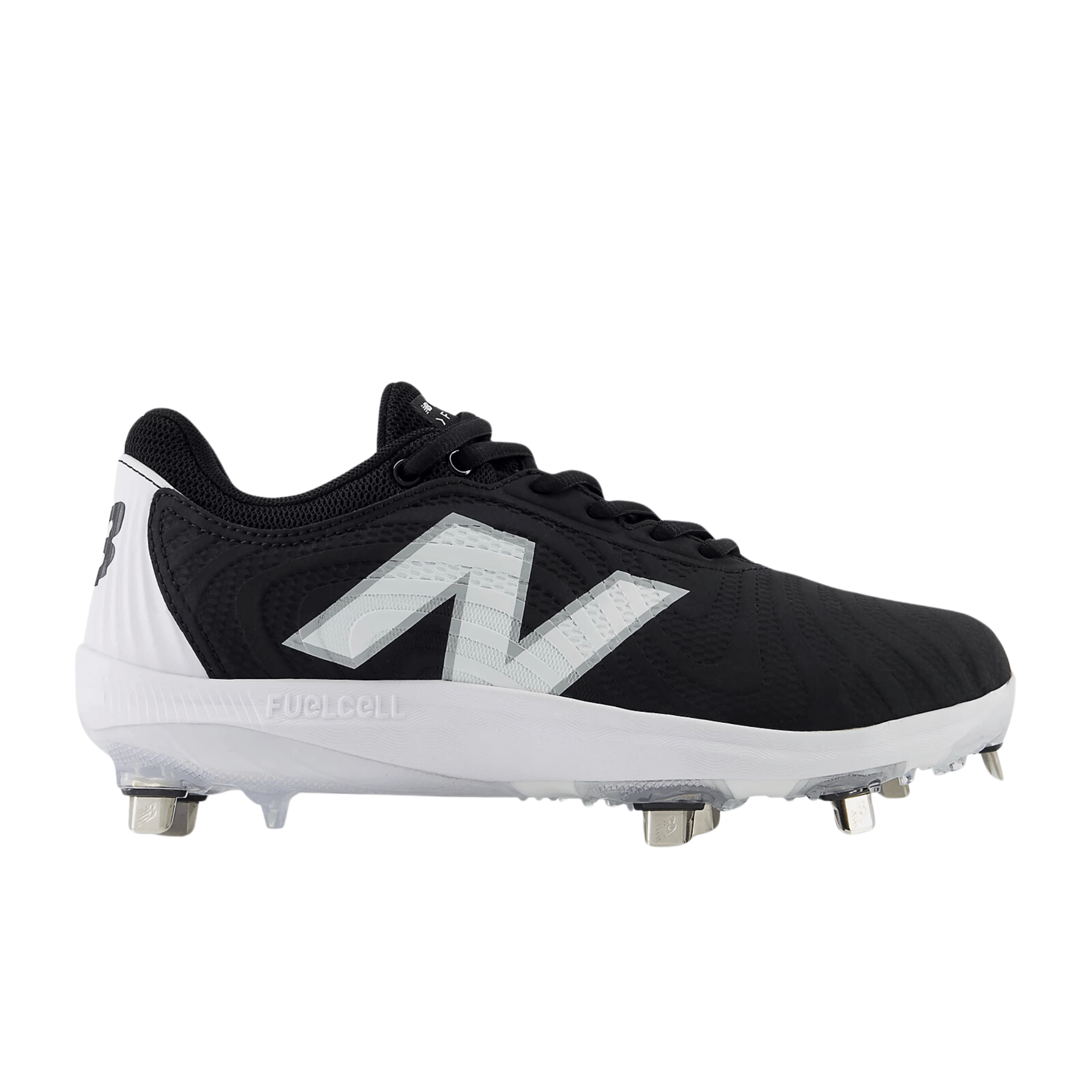 New Balance FuelCell FUSE v4 Metal softball cleats in black and white with 7-spike metal plate for superior traction.