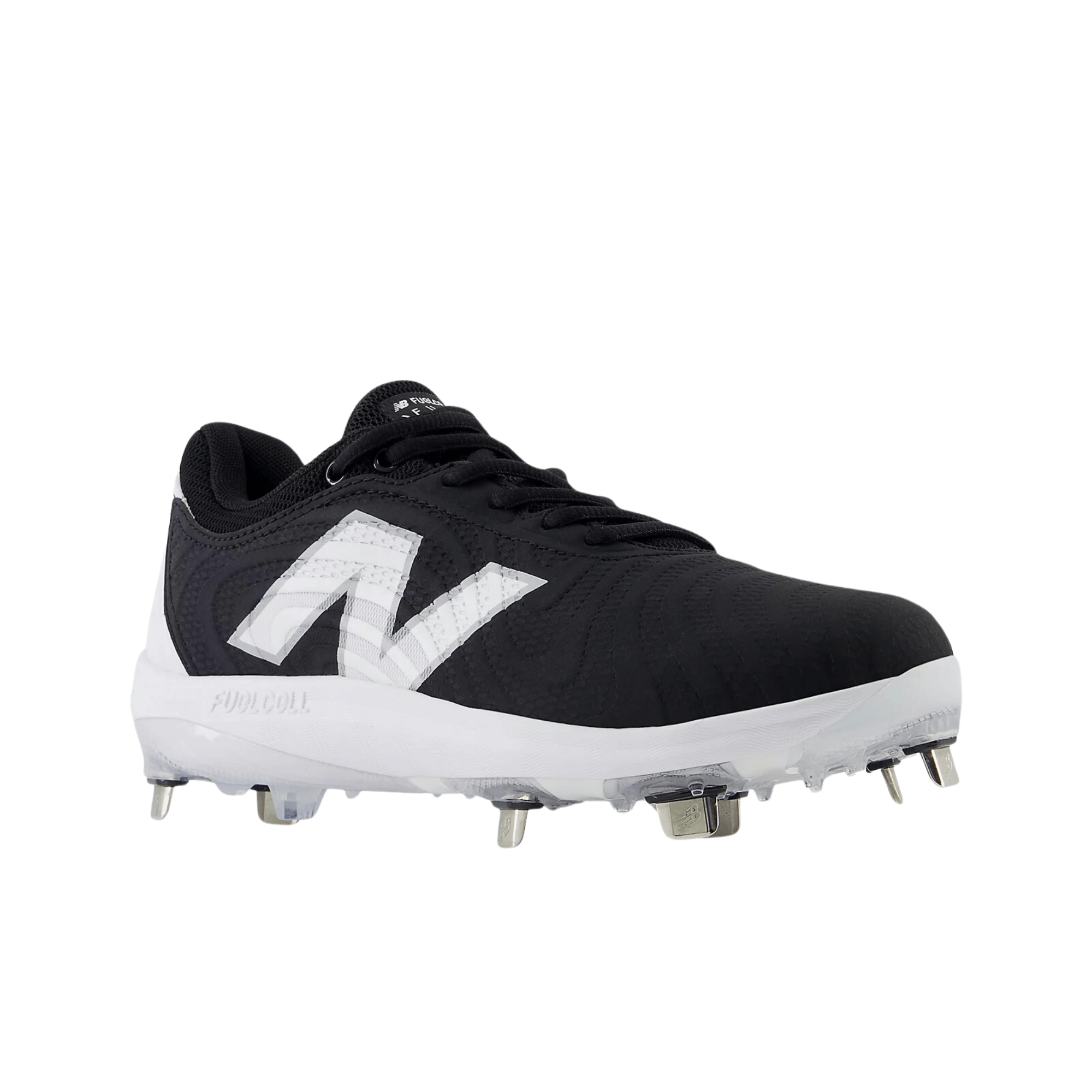 New Balance FuelCell FUSE v4 Metal softball cleats in black with white accents and metal spikes for superior traction.