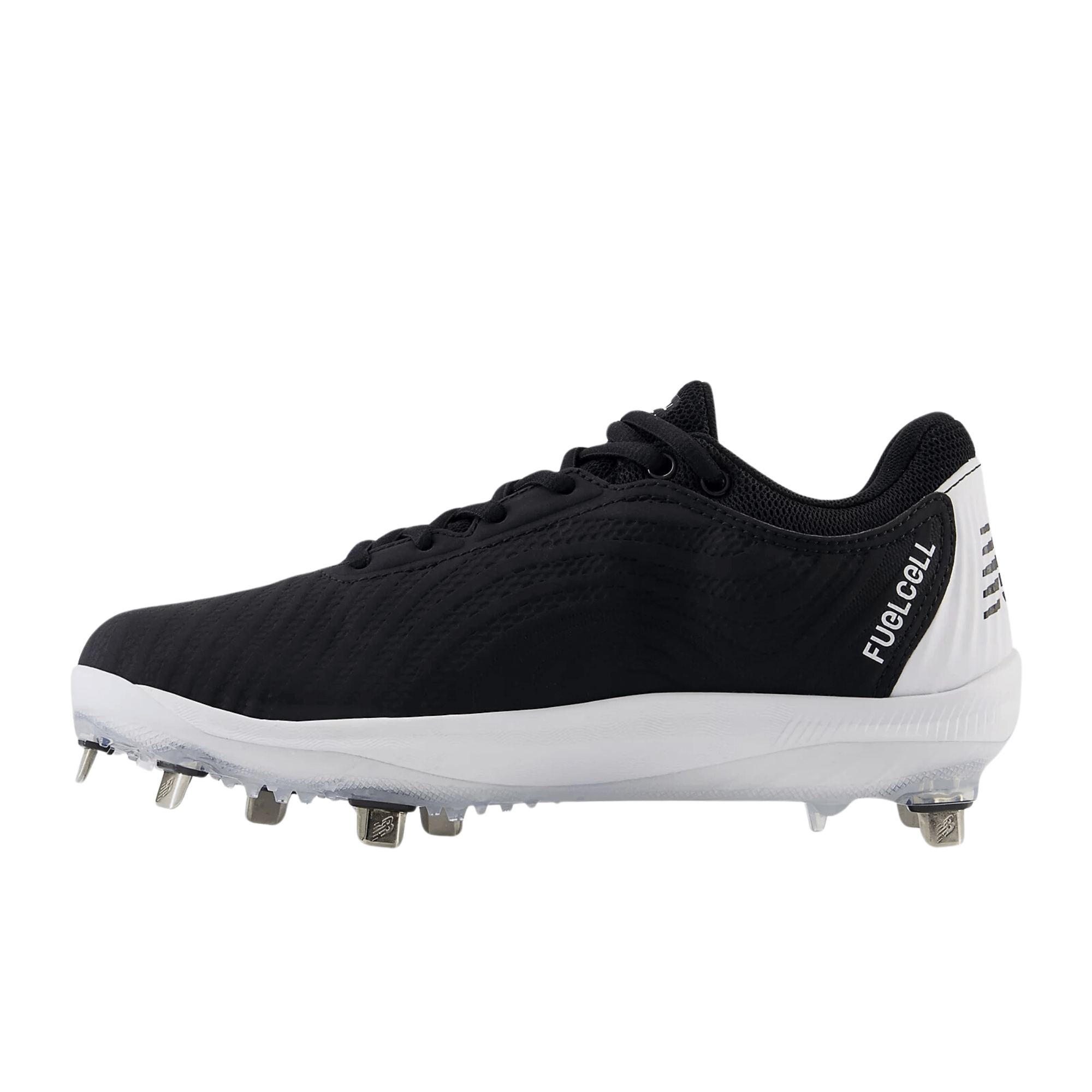 New Balance FuelCell FUSE v4 Metal cleats in black with white sole, designed for optimal traction and performance in softball.