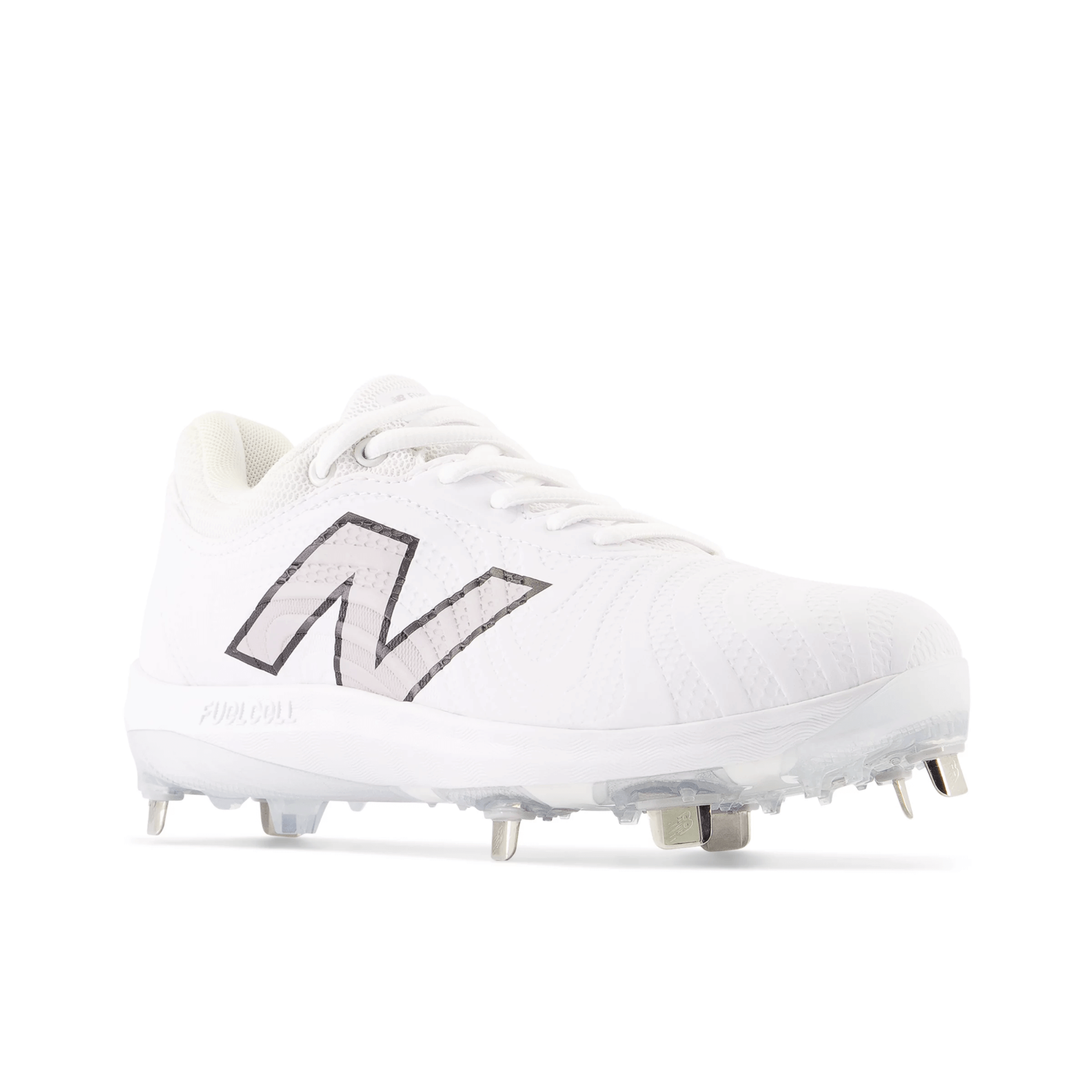 New Balance FuelCell FUSE v4 Metal softball cleats in optic white with 7-spike metal plate for superior traction.