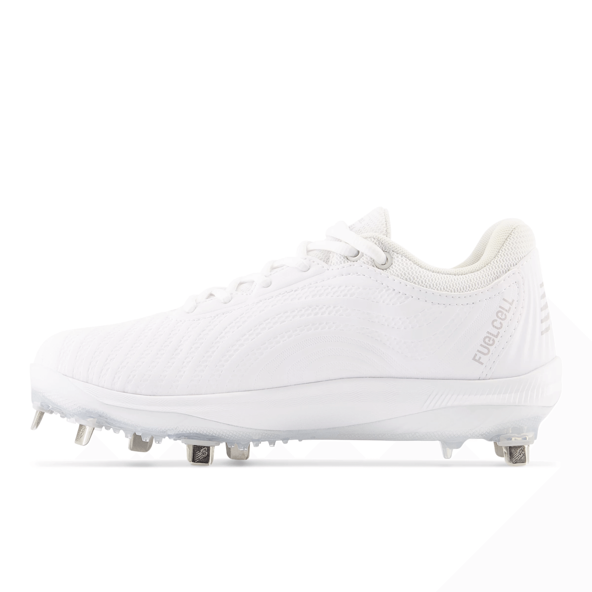 New Balance FuelCell FUSE v4 Metal softball cleats in optic white, featuring a 7-spike metal plate for traction.