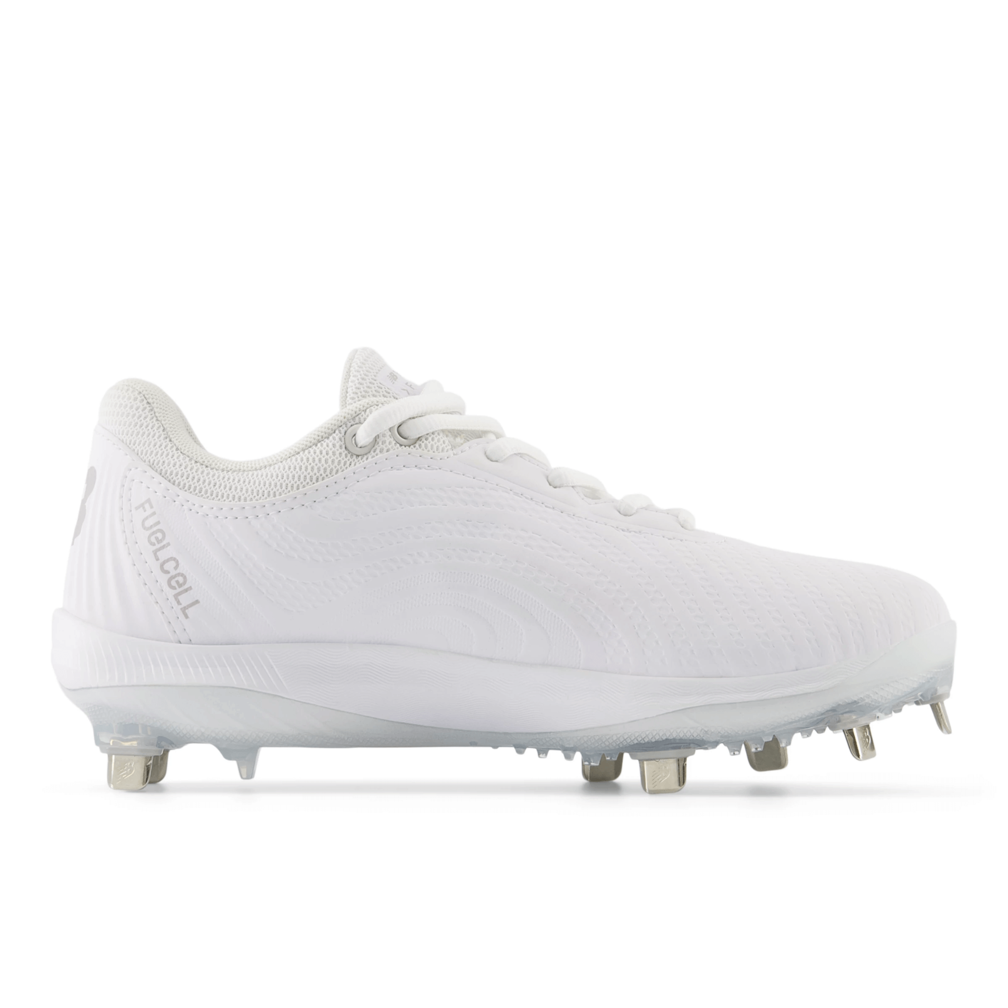 New Balance FuelCell FUSE v4 Metal softball cleats in optic white with 7-spike metal plate for traction and agility.