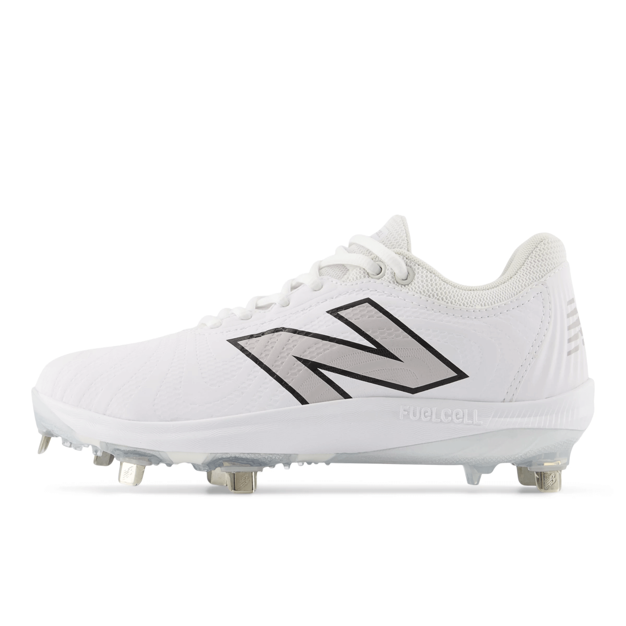 New Balance FuelCell FUSE v4 Metal softball cleats in optic white with metal spikes for traction and performance.