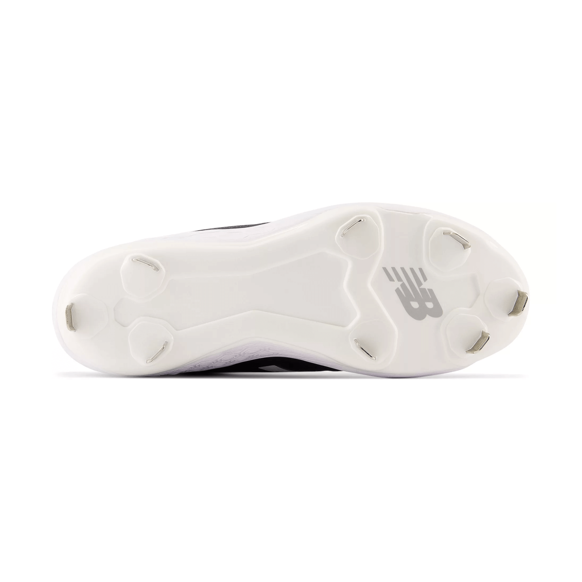 Bottom view of New Balance Fresh Foam X Velo v3 Metal cleat, showcasing the 8-spike metal plate and logo.