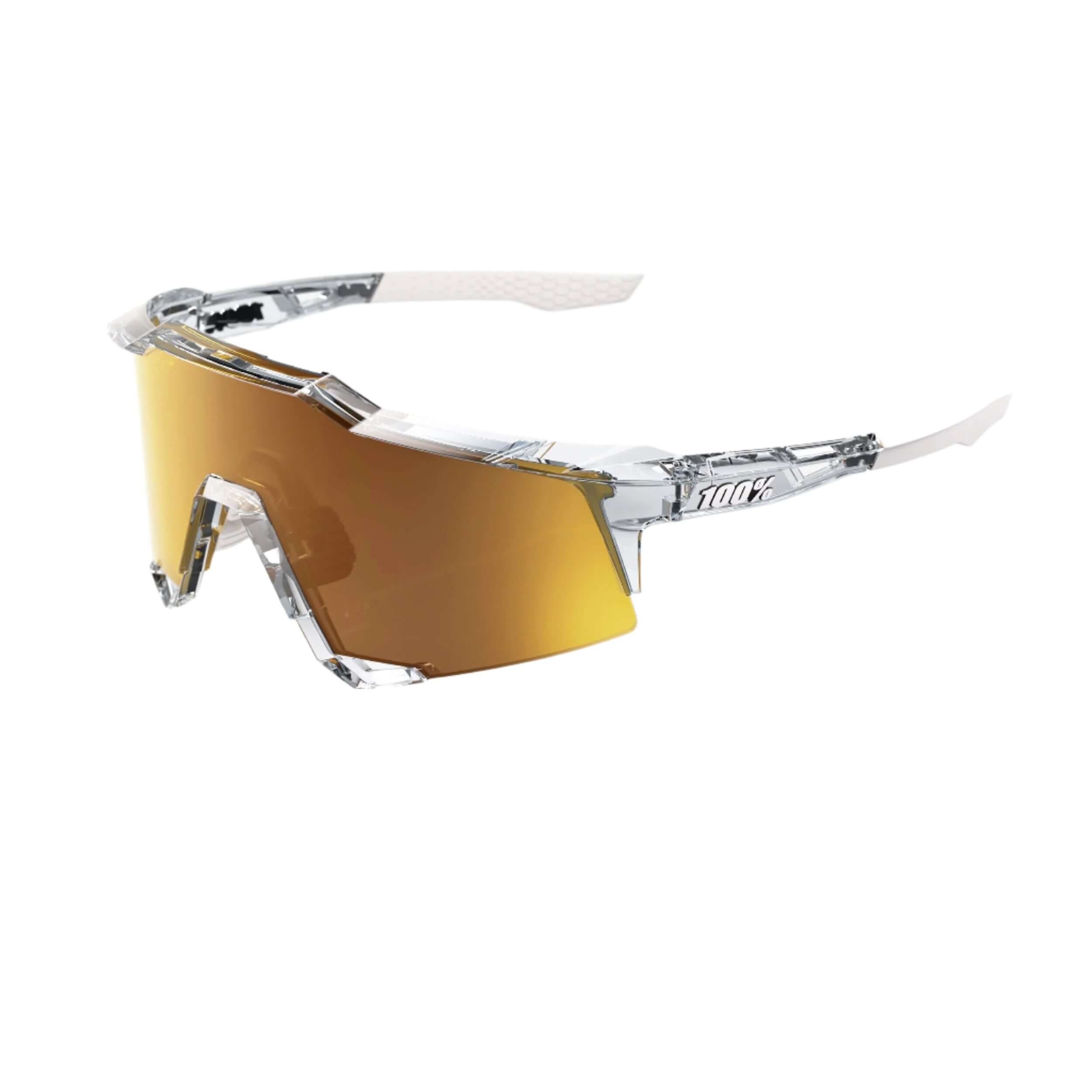 Front view showcasing 100% Speedcraft Polished Translucent Clear sunglasses famed for performance and optics chosen by Peter Sagan"