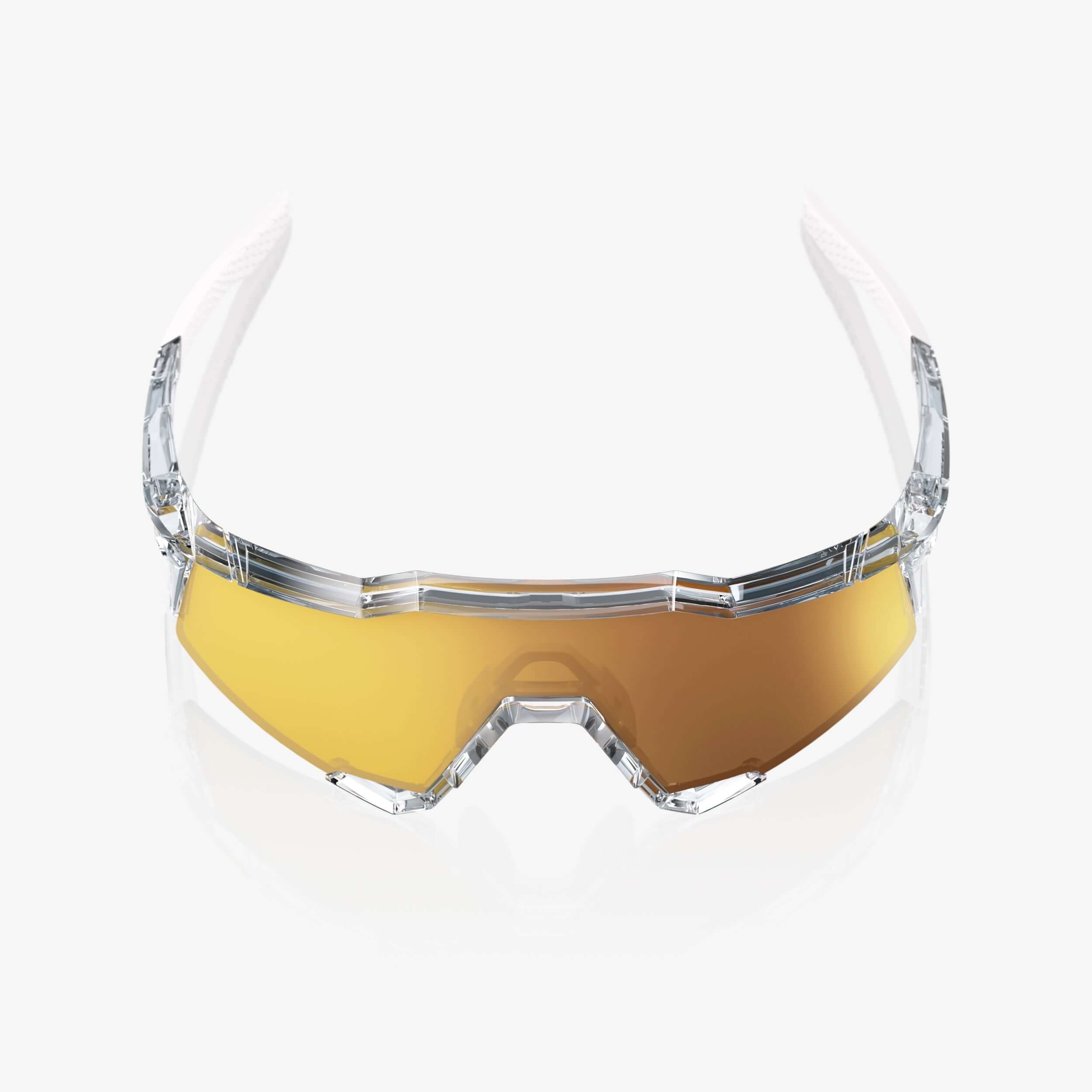 Top view of 100% Speedcraft Polished Translucent Clear sunglasses highlighting lightweight, durable TR90 frame