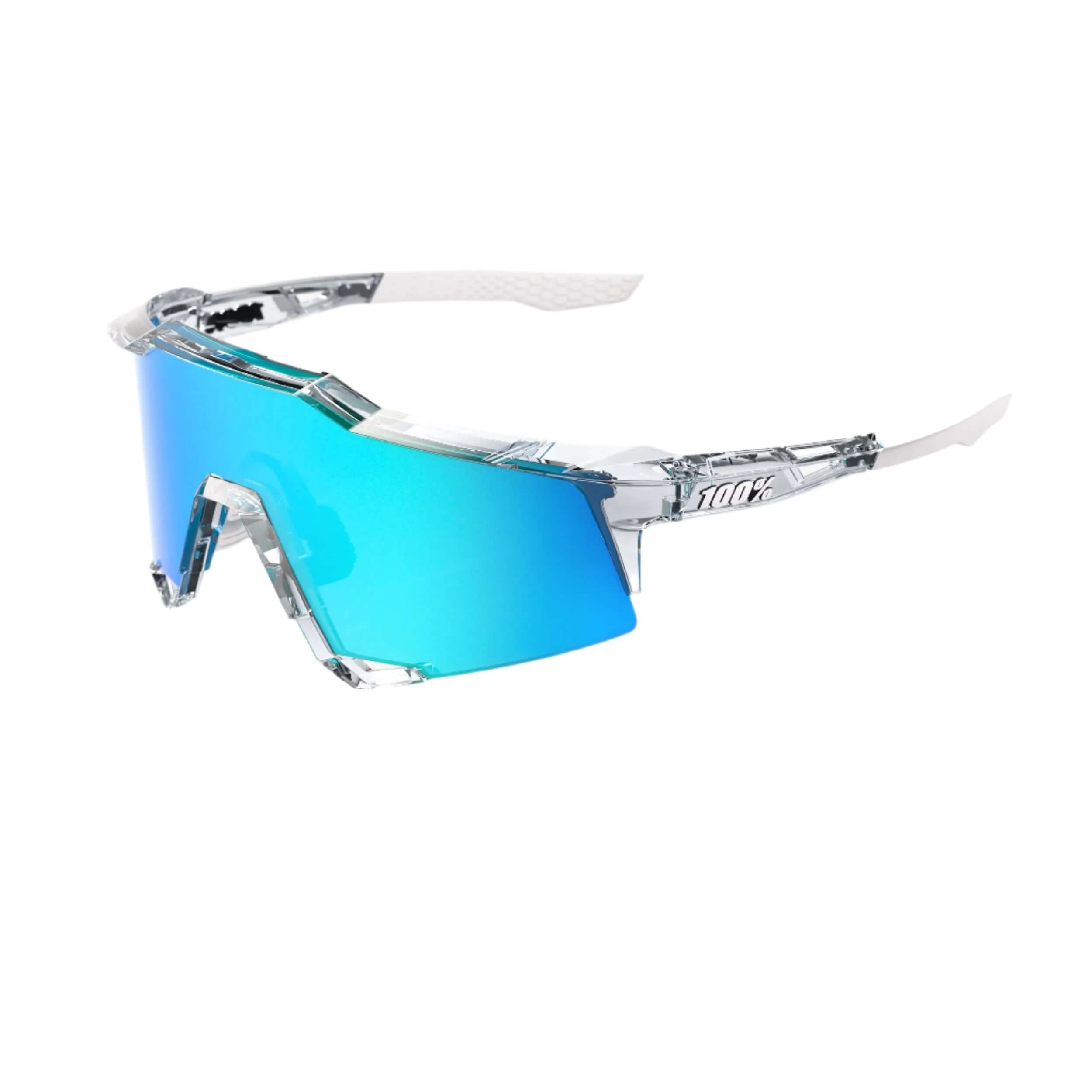 Dynamic angle of 100% Speedcraft Polished Clear sunglasses highlighting aerodynamic TR90 frame and advanced lens technology