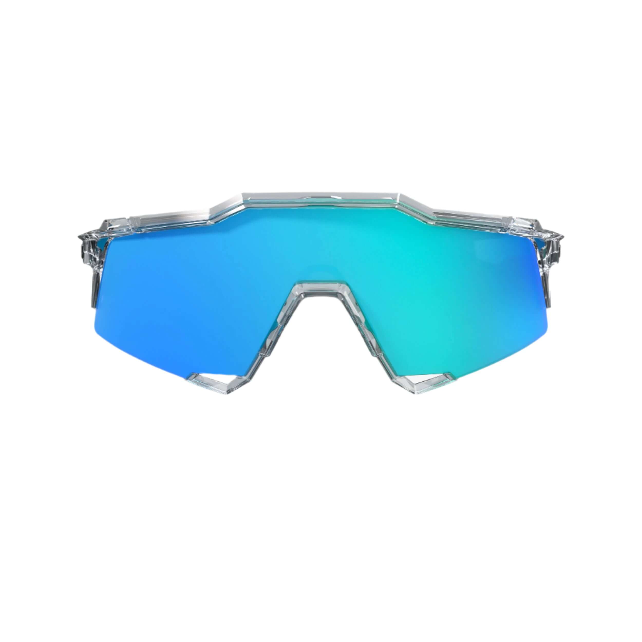 Front view of 100% Speedcraft Polished Clear sunglasses with dynamic design and clarity-enhancing blue topaz multilayer mirror lenses