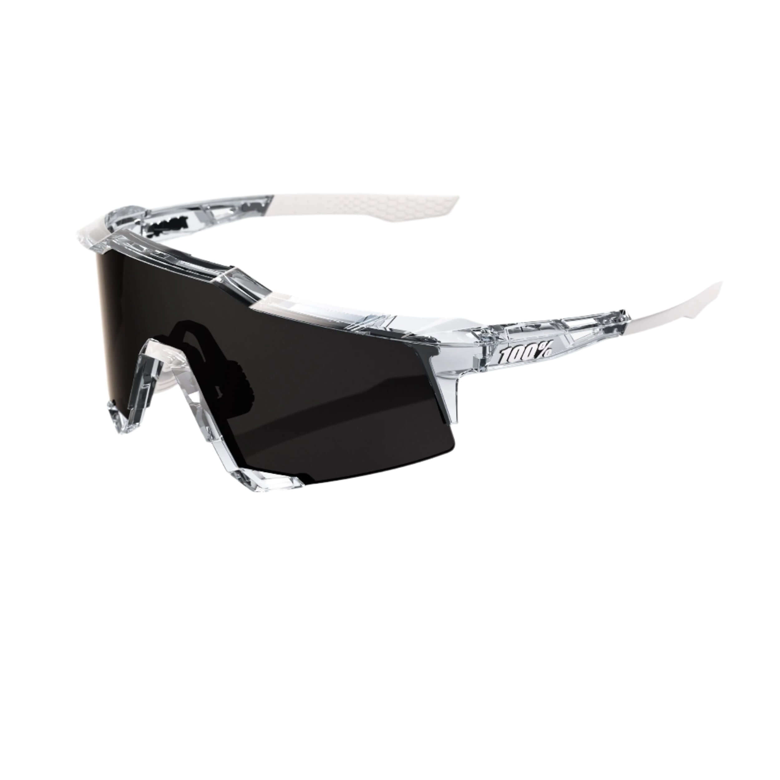 Dynamic angle of 100% Speedcraft Polished Clear sunglasses highlighting lightweight TR90 frame and superior aerodynamic features