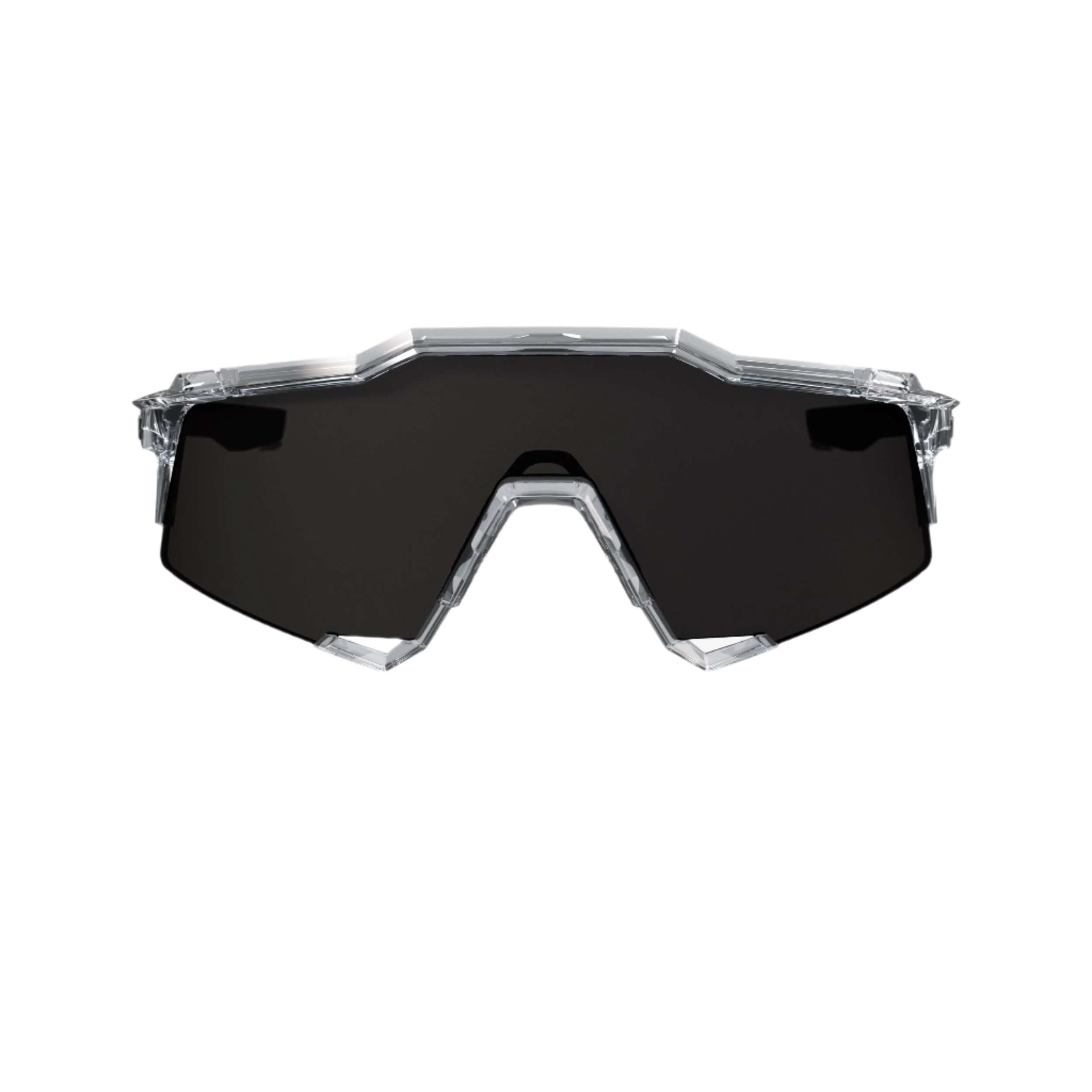 Front view of 100% Speedcraft Polished Clear sunglasses showcasing bold design and clarity-enhancing black mirror lenses