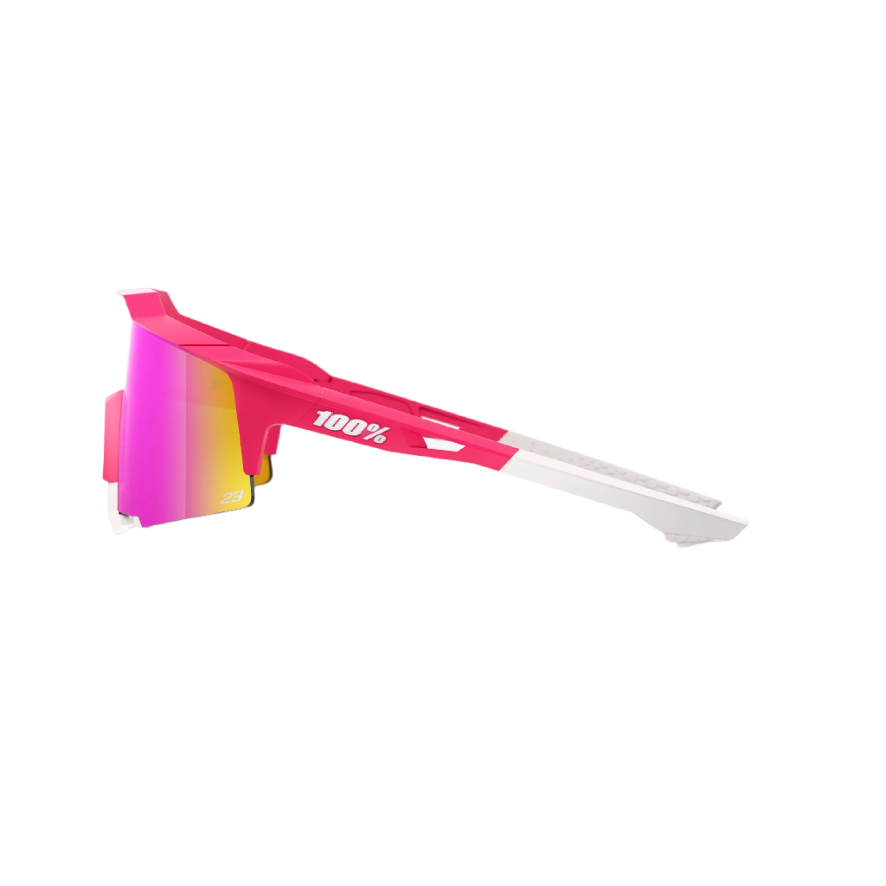 Side view showing 100% brand logo on Speedcraft LE Tatis 24 LE Pink Mirror sunglasses"