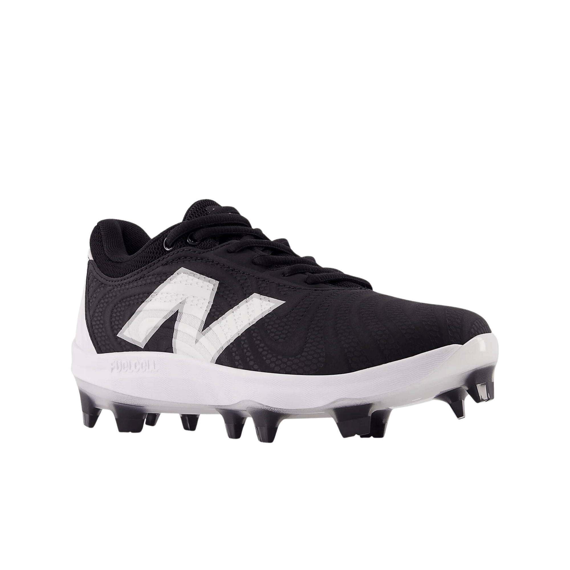 New Balance FuelCell FUSE v4 Molded softball cleat in black with white logo, designed for traction and comfort.