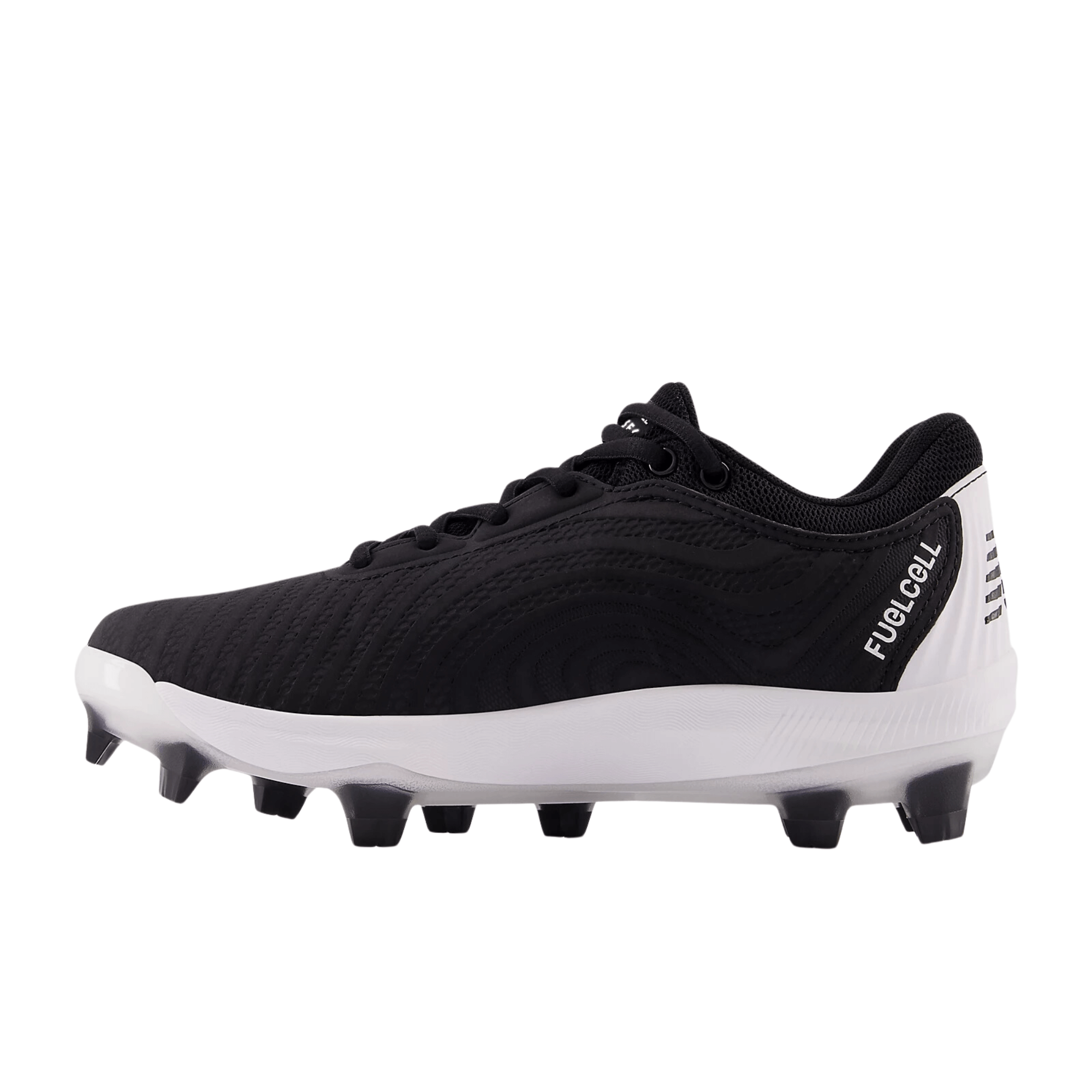 New Balance FuelCell FUSE v4 Molded softball cleat in black, designed for optimal traction and comfort on various playing surfaces.