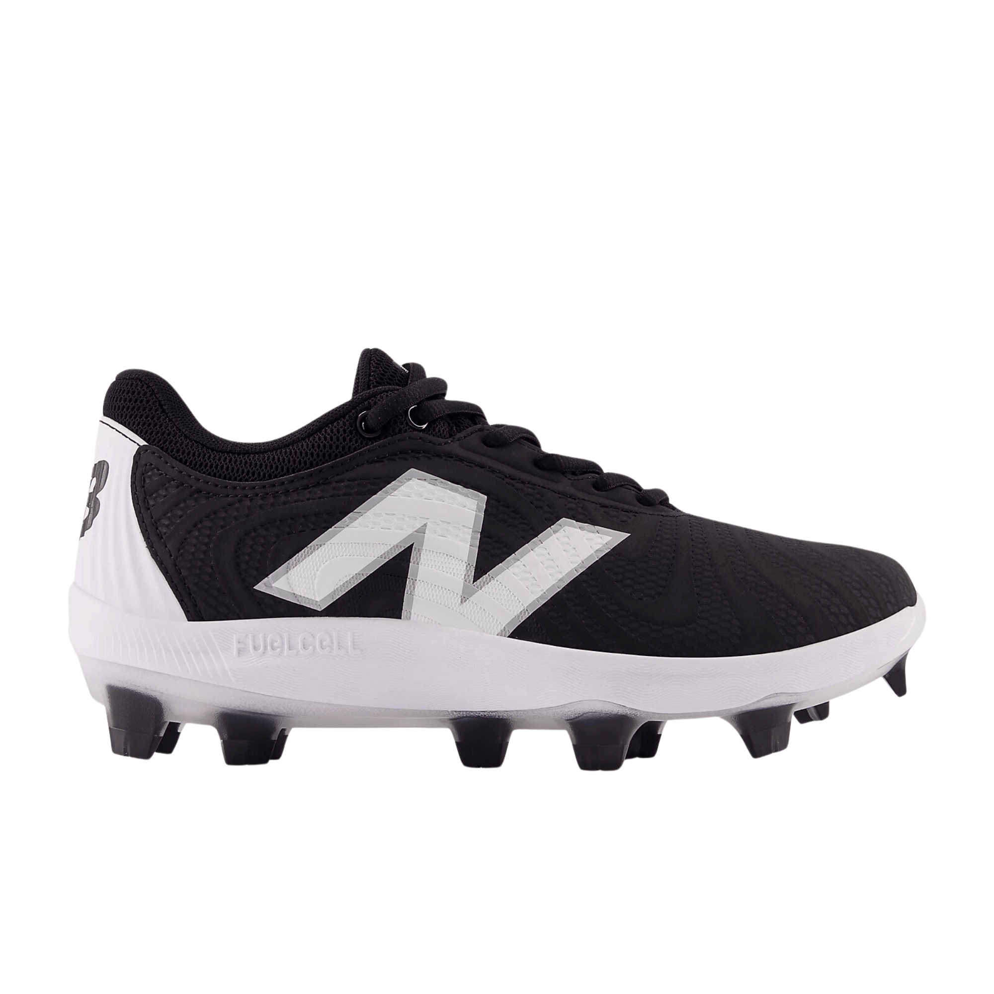 New Balance FuelCell FUSE v4 Molded softball cleat in black and white, designed for traction and comfort on various playing surfaces.