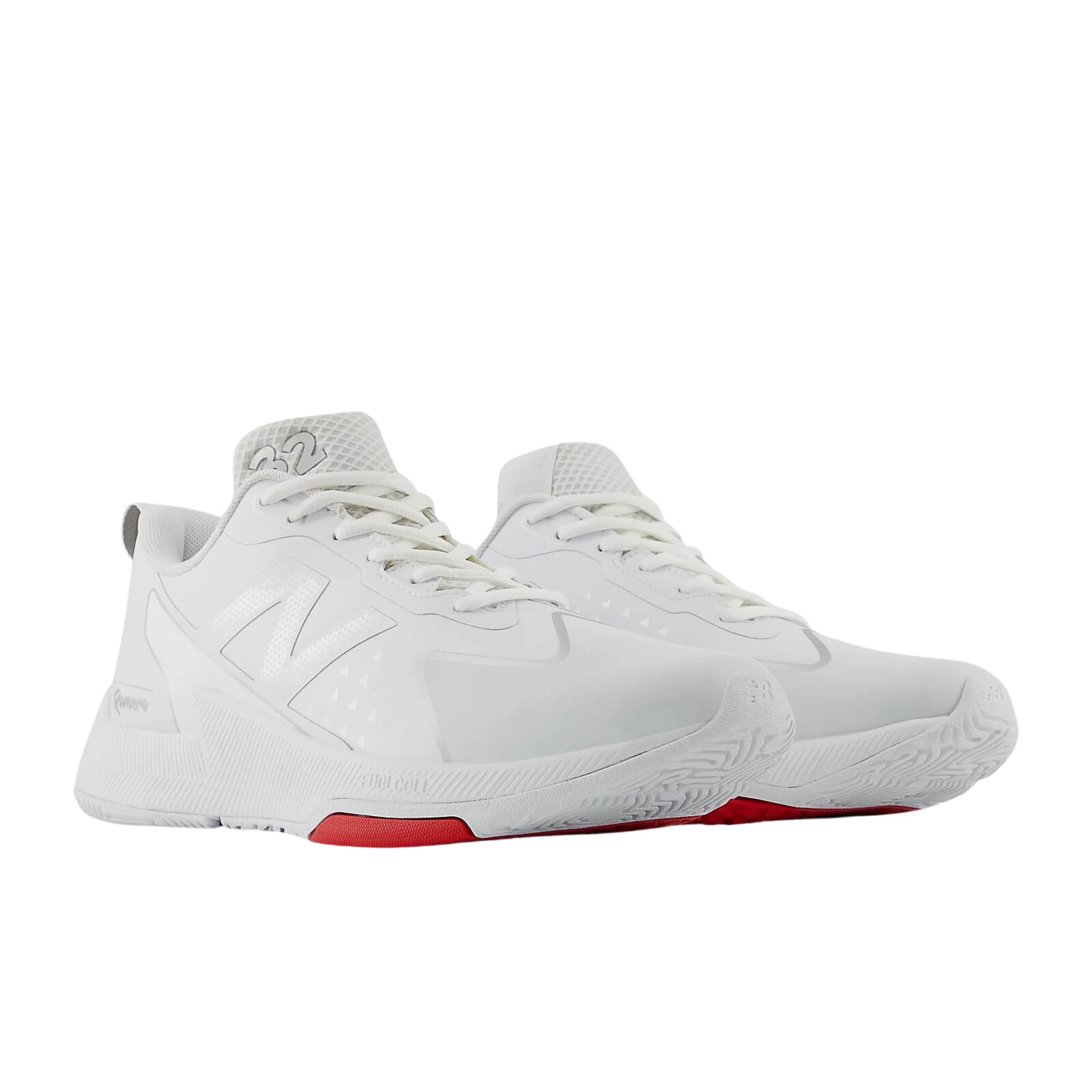 New Balance FuelCell Romero Duo Trainers in white with red accents, ideal for softball training and performance.