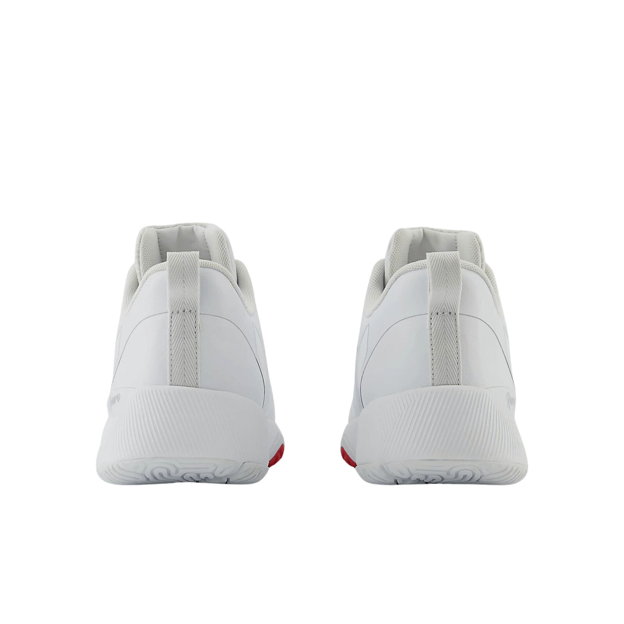 Back view of white New Balance FuelCell Romero Duo Trainer shoes with red accents, sleek design, and heel pull tabs.