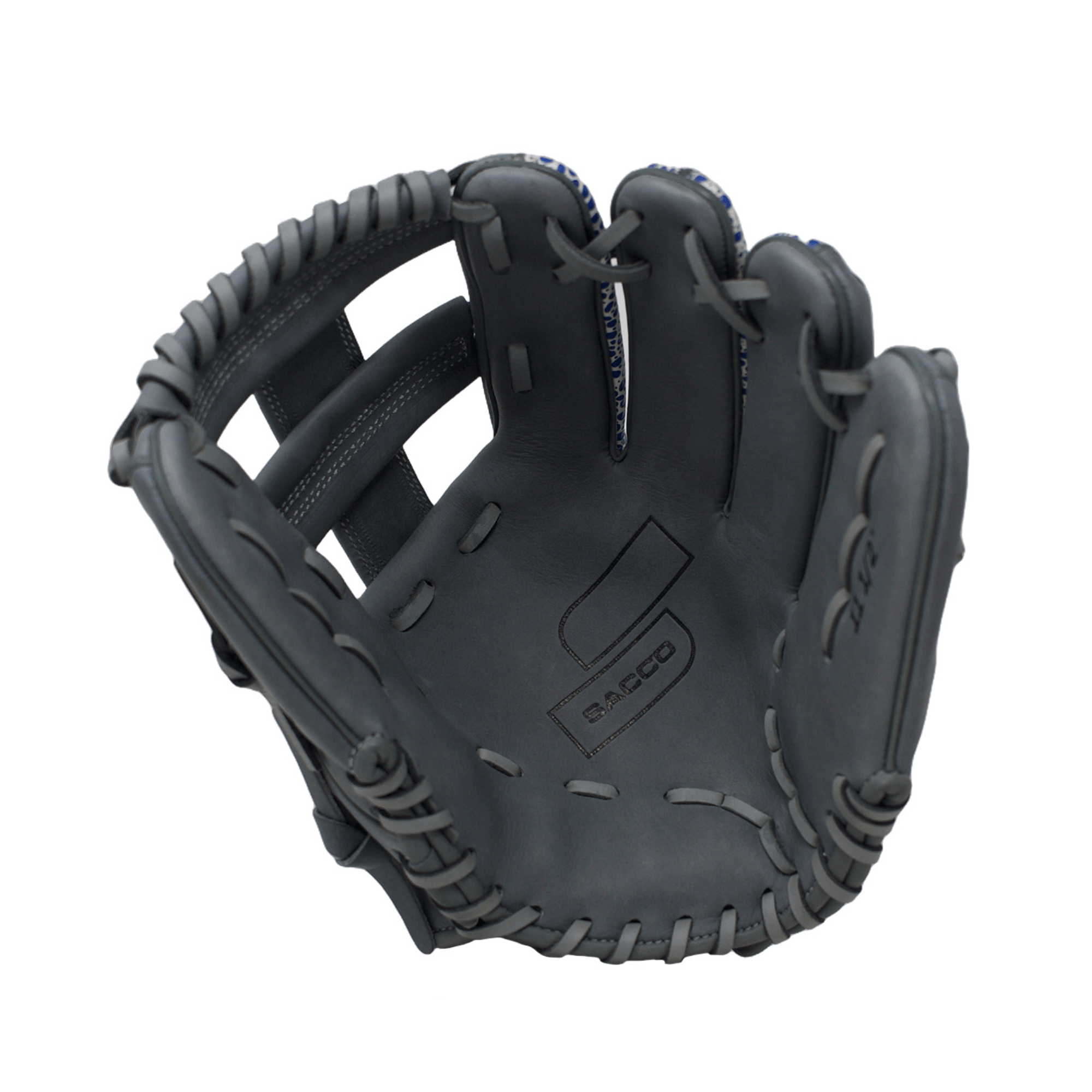 Front view of Sacco 11.5" glove, gray and royal, showcasing durable and premium design.