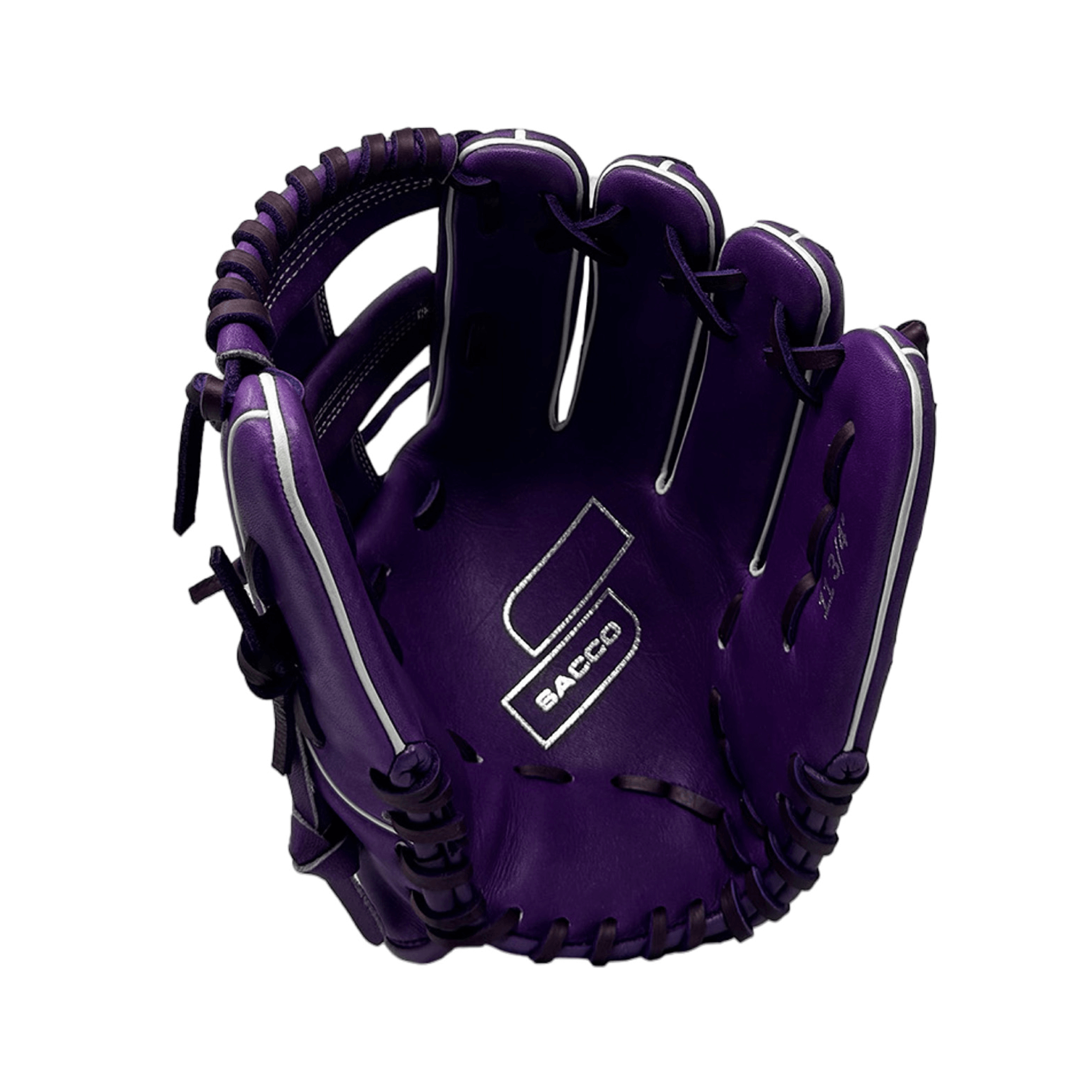 Front view of Sacco 11.75" glove in purple with white stitching, showcasing durable design and sleek style.