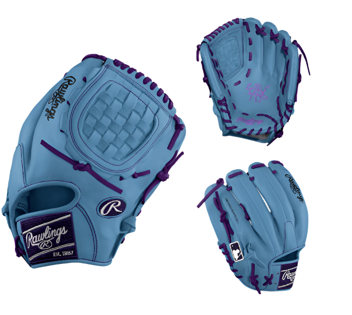 Rawlings Heart of the Hide Custom Pitcher glove in baby blue and purple, showcasing high-quality leather and stylish design.