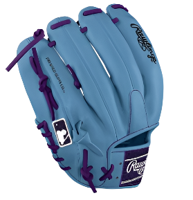 Rawlings Heart of the Hide custom pitcher glove in baby blue and purple, showcasing high-quality leather and stylish design.