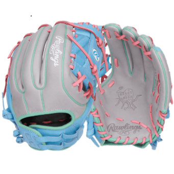 Rawlings Heart of the Hide Series Softball Glove in gray and Columbia Blue, featuring pink accents and premium leather, 12 inches.