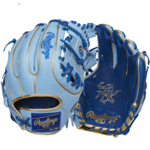 Rawlings Heart of the Hide R2G 11.25" baseball glove in blue and gold, designed for superior fit and performance.