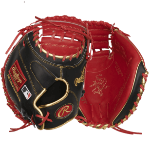 Rawlings Heart of the Hide 32.5" RHT catcher’s mitt in black and red, featuring premium leather and secure fit design.