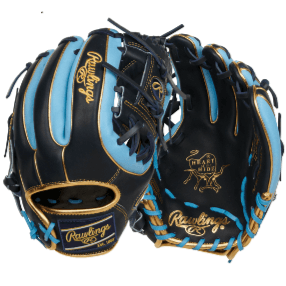 Rawlings Heart Of The Hide R2G Technology baseball glove in black and Columbia blue, 11.5-inch, designed for infielders.