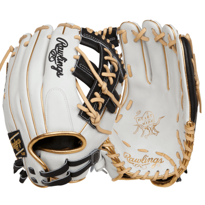 Rawlings Heart Of The Hide Series 12-inch softball glove in white and black with metallic gold accents.