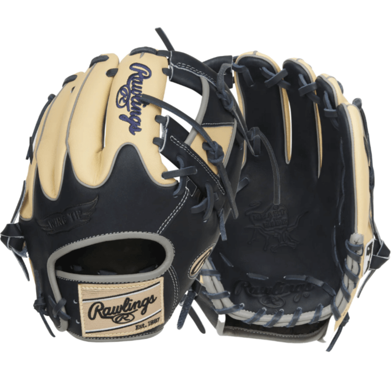 Rawlings Heart of the Hide Color Sync 8.0 baseball glove in camel and navy, 11.5-inch, RHT, showcasing unique Wing-Tip welting.