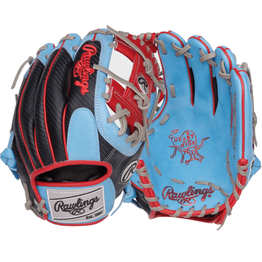 Rawlings Heart of the Hide 11.5" glove in columbia blue with scarlet accents and black hypershell for a lightweight feel.