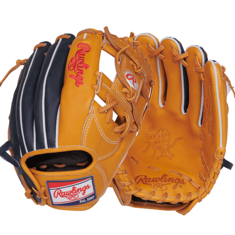 Rawlings Heart of the Hide Series 11.5" baseball glove in tan and navy for infield performance.