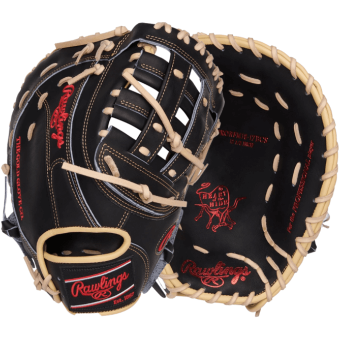 Rawlings Heart Of The Hide 12.5" First Base Mitt in black with tan lacing, showing front and back side details.