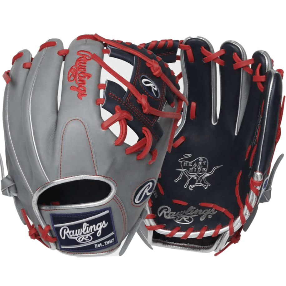 Rawlings Heart of the Hide R2G 11.75 inch baseball glove in gray and navy with red lacing, designed for infield play.