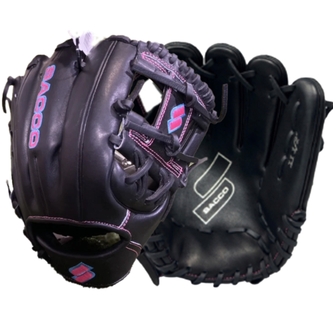 Sacco European Kip RHT I-Web "Miami" 11.5" baseball glove in black with pink accents, showcasing premium leather and reinforced design.