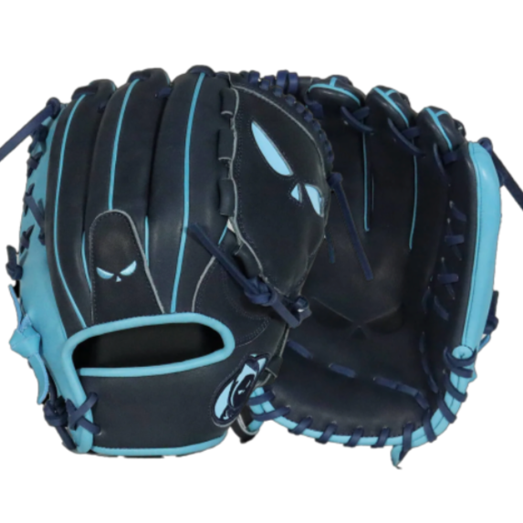 Shadow 11: Scout 12" RHT baseball glove featuring carolina blue inlays and navy Japanese Kip Leather.