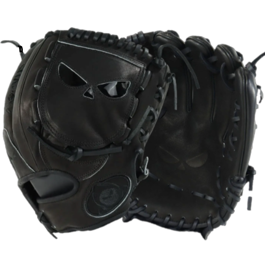 Shadow 5 Stealth 12" RHT pitcher's glove in black leather, featuring a sinister skull design for intimidation on the field.