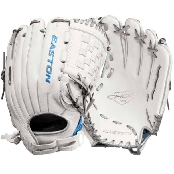 Easton Ghost NX FP Series Softball Glove 12.5” LHT in white and blue, ideal for fastpitch play with Game Ready Diamond Pro Steer leather.