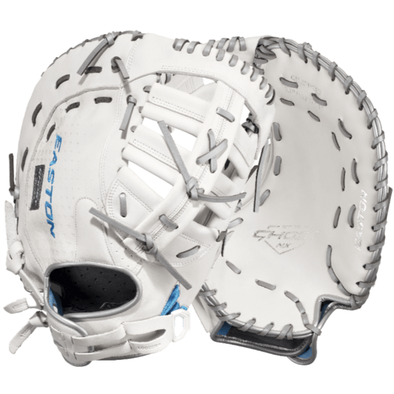 Easton Ghost NX FP Series 13" left-hand throw softball glove showcasing Diamond Pro Steer leather and Flex Notch closure system.