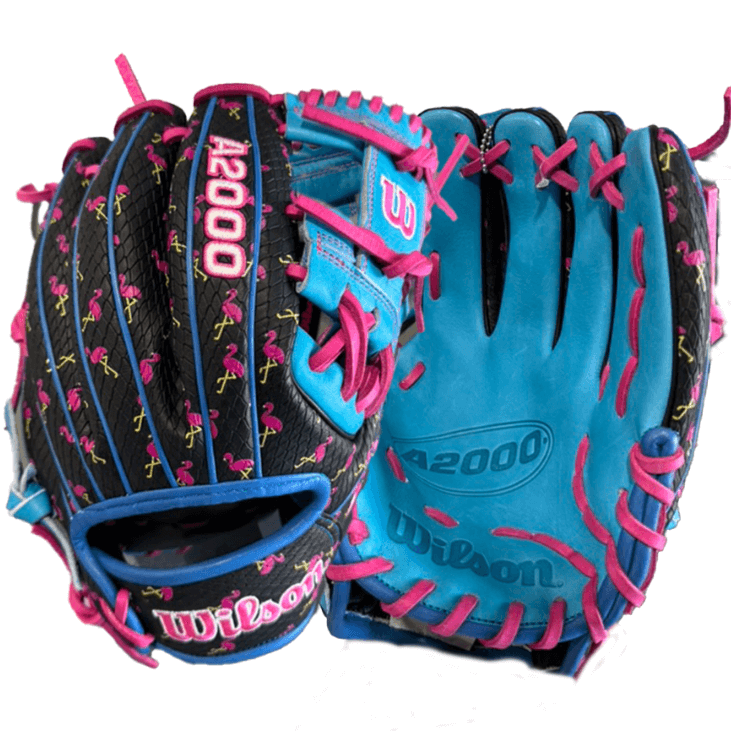 Wilson A2000 1786 KG Flamingo Trop 11.5 baseball glove in black and blue with pink accents and floral design.